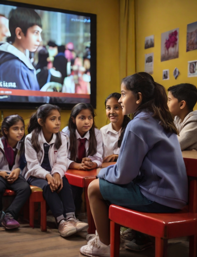 Grupo de estudiantes jóvenes frente a una TV